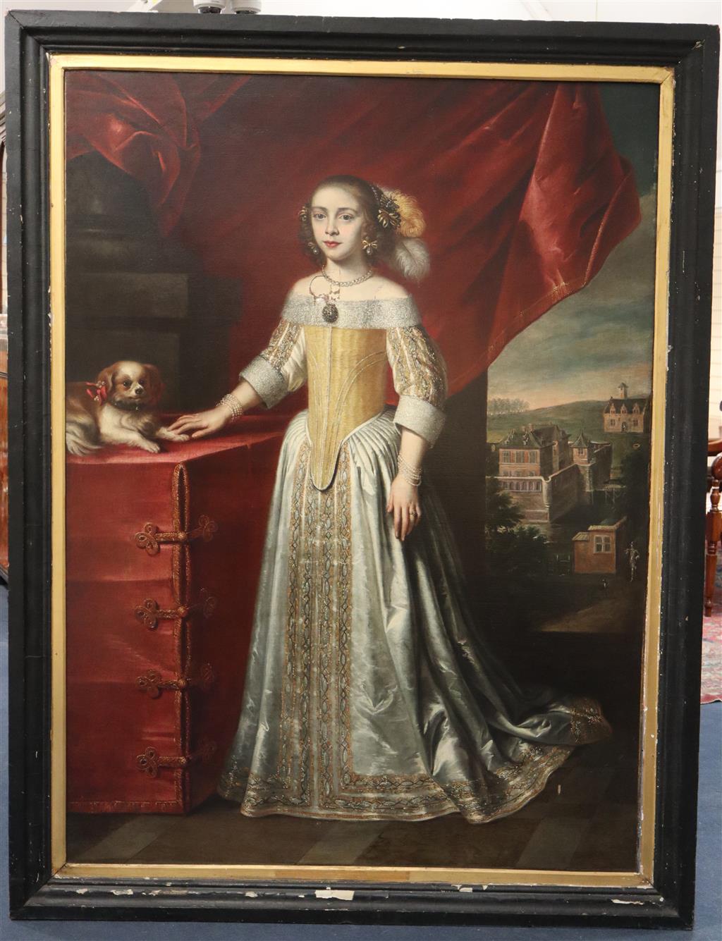 Circle of John Wessop (fl.1640-1652) Full length portrait of a young lady, standing beside a lap dog, a country house beyond 64 x 47in.